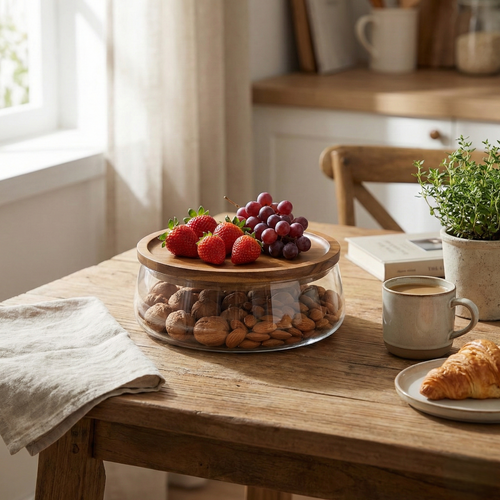 Glass bowl with wood tray