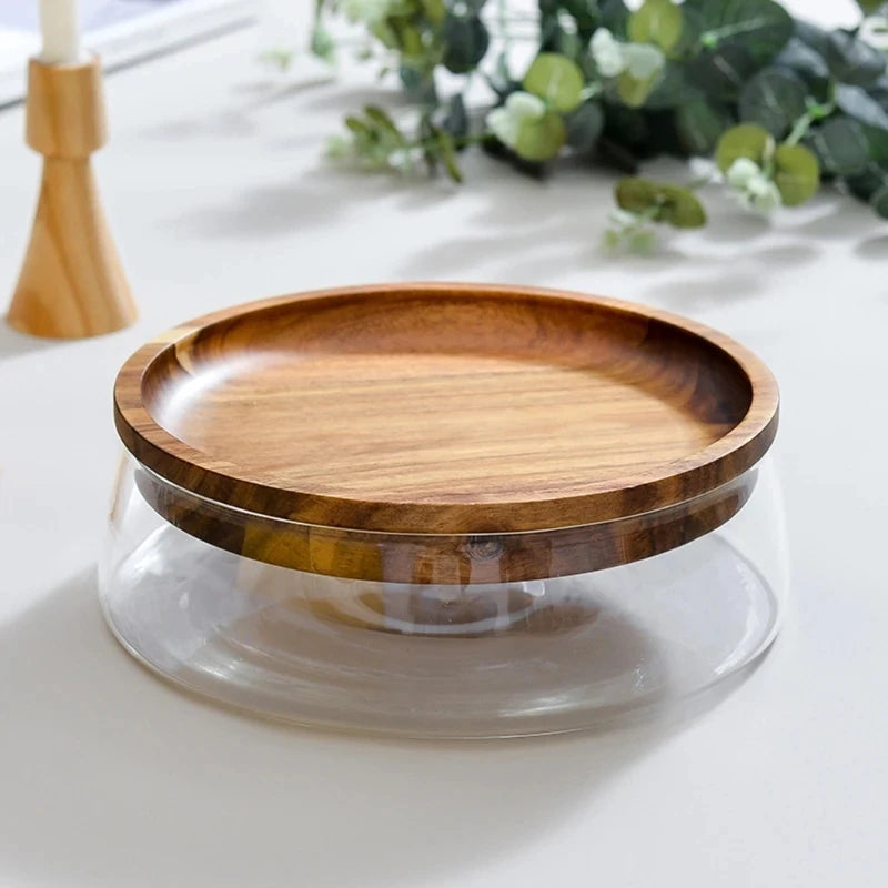 Glass bowl with wood tray
