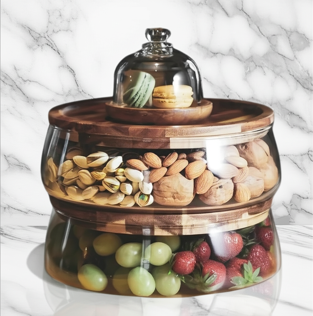 Glass bowl with wood tray